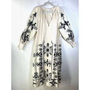 H&M Kaftan Midi Maxi Dress Cream Black Embroidered Balloon Sleeves Size Medium